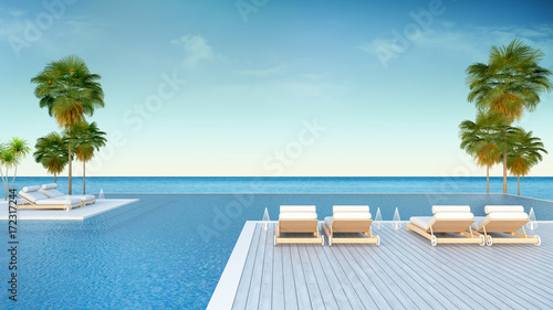 beach lounge  sun loungers on Sunbathing deck and private swimming pool and panoramic sea view at luxury villa 3d rendering