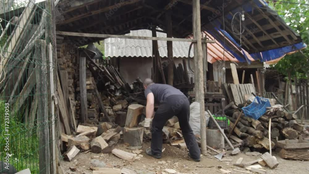 Man splitting wood in the countryside Man splitting wood in the countryside