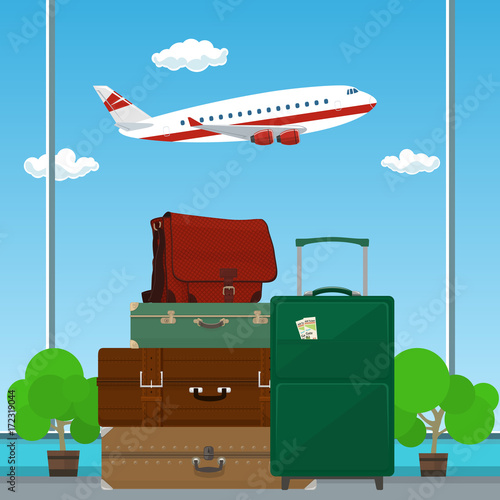 Traveler's Baggage against the Background of a Take-off Plane at the Airport , Travel and Tourism Concept , Vector Illustration