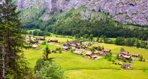 Stunning Lauterbrunnen valley rural view from Trummelbachfall Waterfall, Lauterbrunnen, Bernese Oberland, Switzerland, Europe. photo