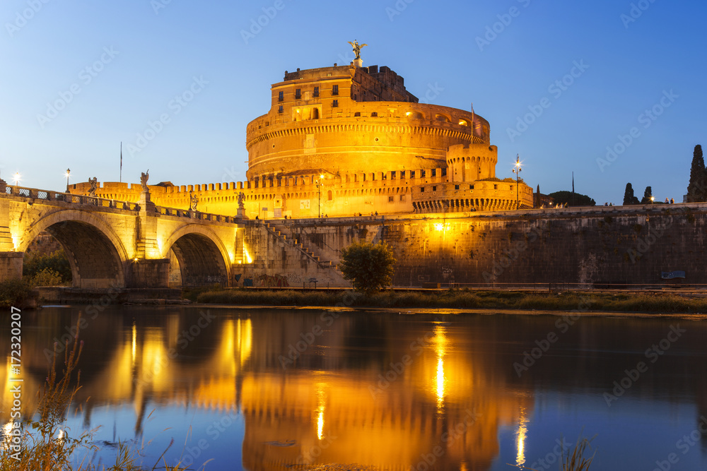 View of the Castle of St. Angelo or the Mausoleum of Hadrian at night, Italy