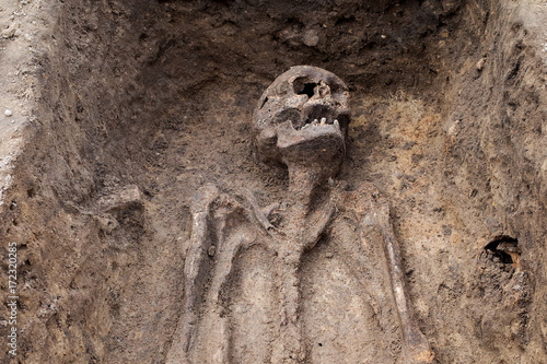Archaeological excavation with skeletons