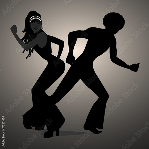 Silhouettes of couple dancing soul, funky or disco. Retro style.