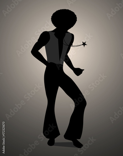 Silhouette of man dancing soul, funky or disco music. Retro Style.