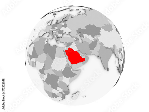 Saudi Arabia on grey globe isolated
