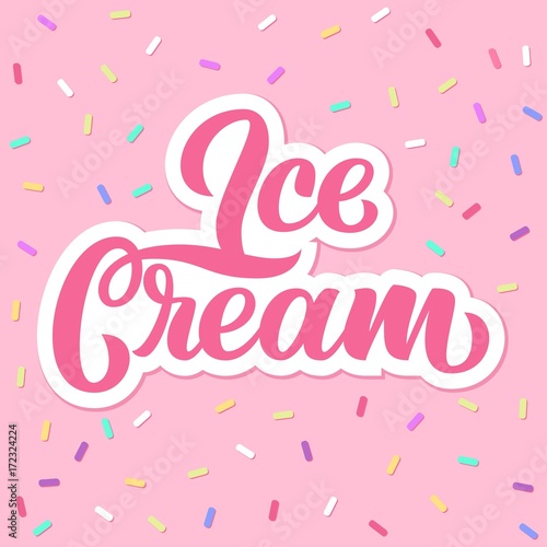Ice Cream hand lettering, custom typography, cartoon letters on pink background. Vector type illustration.