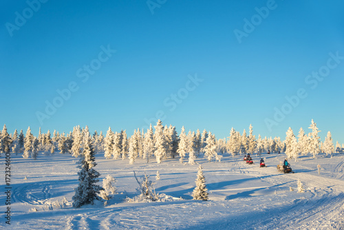 Photos Group of snowmobiles in Lapland, near Saariselka, Finland