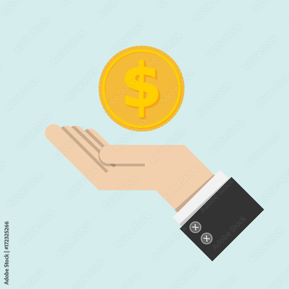return of an investment concept. gold coin with sign of dollar currency on hand, palm of businessman. invest growth,finance plan, personal management, investment portfolio. vector illustration ESP10 return of an investment concept. gold coin with sign of dollar currency on hand, palm of businessman. invest growth,finance plan, personal management, investment portfolio. vector illustration ESP10