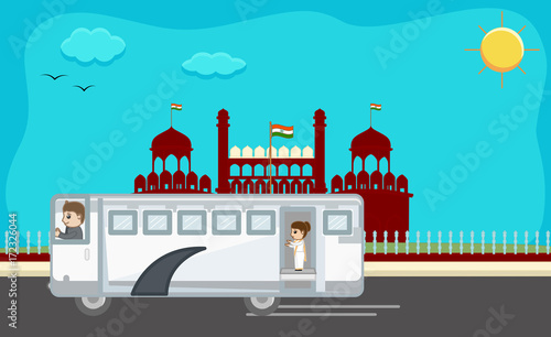 Bus Driving in Front of Red Fort