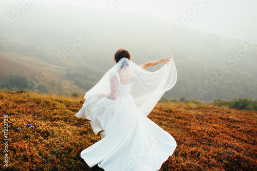 Stunning bride whirls on the yellow grass © myronovychoksana