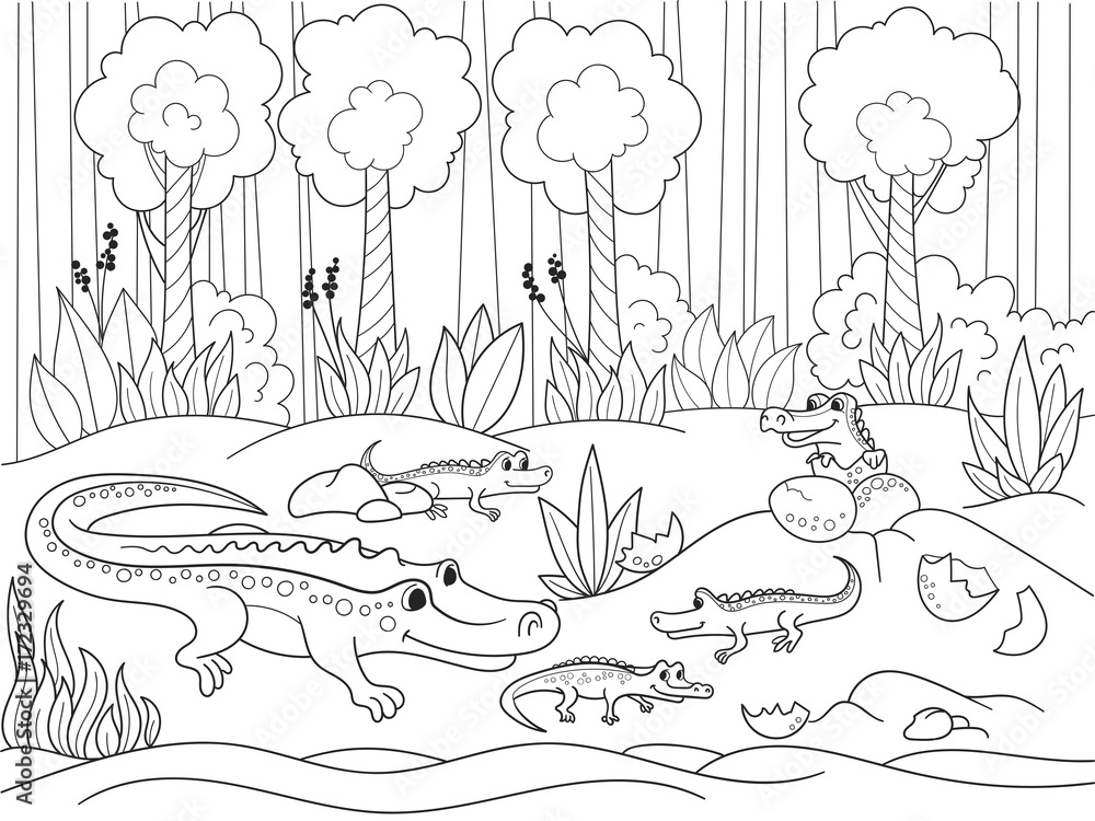 Childrens cartoon family of crocodiles in Africa. Coloring book. Black lines, white background Stock Vector | Adobe Stock Childrens cartoon family of crocodiles in Africa. Coloring book. Black lines, white background Stock Vector | Adobe Stock