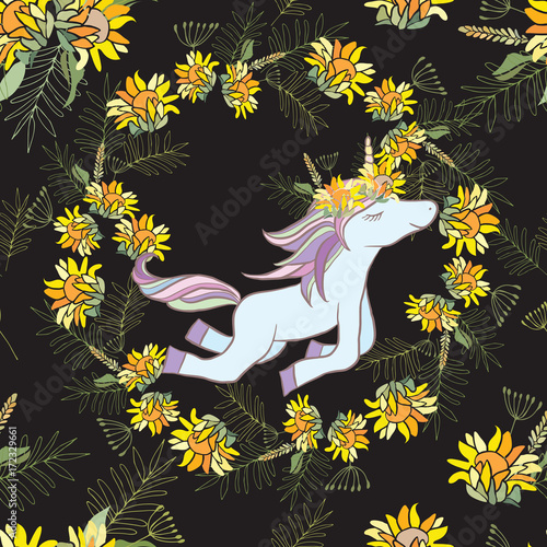 Retro style Illustration with flowers and animal