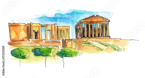 Watercolor Hand drawn architecture sketch illustration of Parthenon, Greece isolated on white