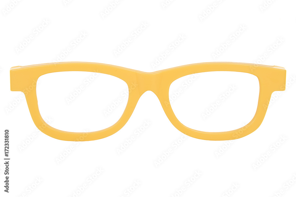 Fototapeta premium Yellow plastic glasses isolated on a white background seen from the front