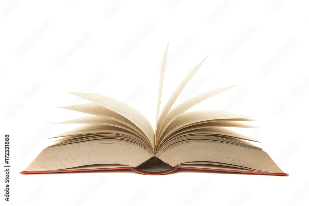 Open old red book with pages standing up isolated on a white background Open old red book with pages standing up isolated on a white background