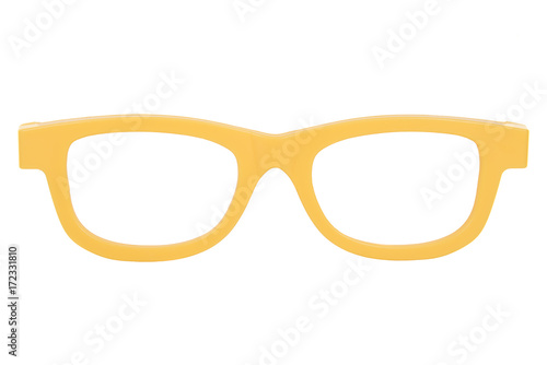 Yellow plastic glasses isolated on a white background seen from the front