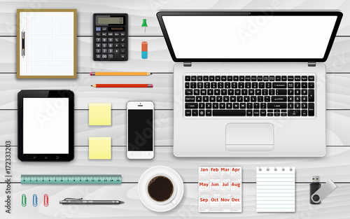 Workplace top wiev. Office and business work elements set.
