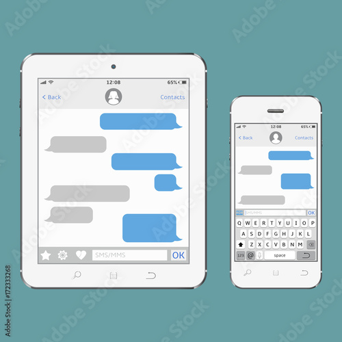 Chatting and messaging concept. Tablet and mobile phone with messaging sms app.