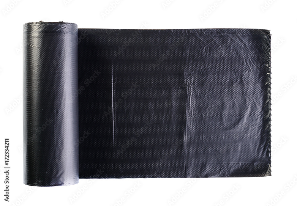 Black plastic polyethylene garbage bag rolled and isolated on white background Black plastic polyethylene garbage bag rolled and isolated on white background