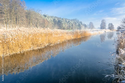 Landscape of river in spring thaws or in late winter