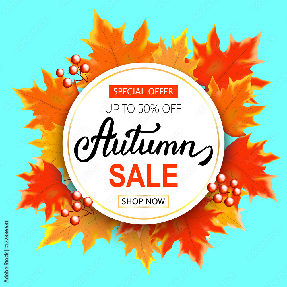 Bright banner for autumn sale with autumn leaves on blue background. Hand lettering.Vector illustration. Bright banner for autumn sale with autumn leaves on blue background. Hand lettering.Vector illustration.