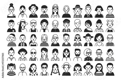 Large collection of male and female cartoon characters or avatars with different hairstyles and accessories hand drawn with contour lines in black and white colors. Monochrome vector illustration.