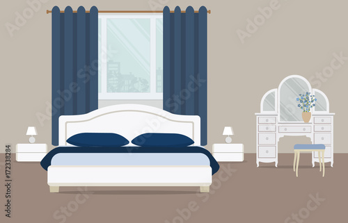 Bedroom in a blue color. There is a dressing table, a bed with pillows, bedside tables, lamps and other objects on a window background in the picture. Vector flat illustration