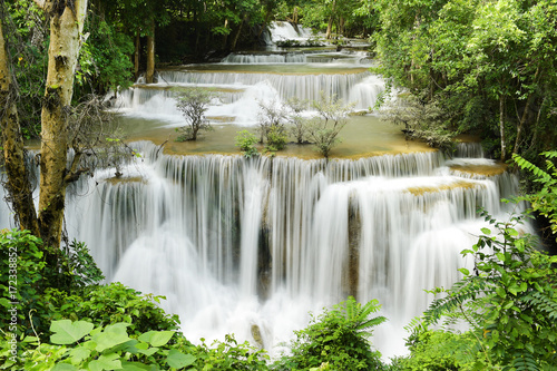 Beautiful waterfall in green forest in nature