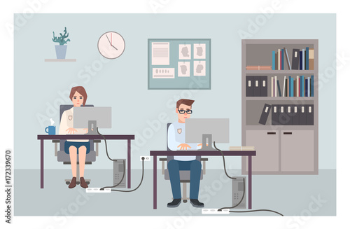 Young male and female police officers sitting at desks and investigating crimes. Policemen or cops working at computers at criminal investigation office. Flat cartoon characters. Vector illustration.