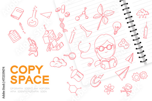 Notebook with kid girl hand drawing set, Imagine of Future Occupation "Scientist" concept idea illustration isolated on white background, with copy space