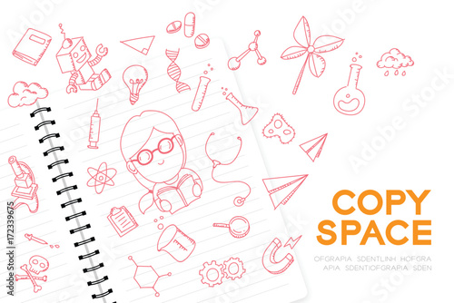 Notebook with kid girl hand drawing set, Imagine of Future Occupation "Scientist" concept idea illustration isolated on white background, with copy space