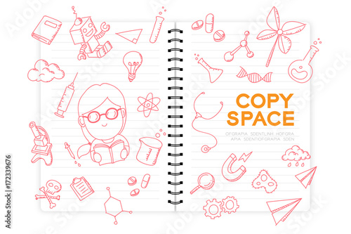 Notebook with kid girl hand drawing set, Imagine of Future Occupation "Scientist" concept idea illustration isolated on white background, with copy space