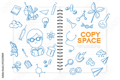 Notebook with kid boy hand drawing set, Imagine of Future Occupation "Scientist" concept idea illustration isolated on white background, with copy space