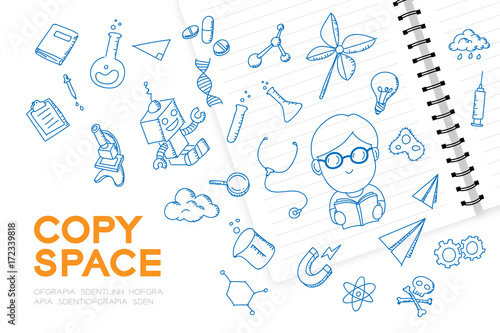 Notebook with kid boy hand drawing set, Imagine of Future Occupation "Scientist" concept idea illustration isolated on white background, with copy space