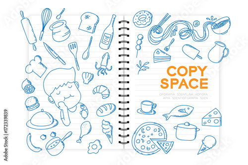 Notebook with kid boy hand drawing set, Imagine of Future Occupation "Chef" concept idea illustration isolated on white background, with copy space