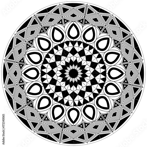 Complex blank and white mandala design with basic shapes. Abstract vintage tribal ornament for adult and senior coloring and decoration. 