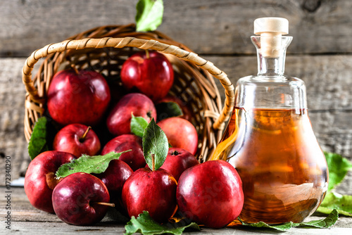 Apple vinegar or cider, bottle of drink and apples, healthy organic food concept