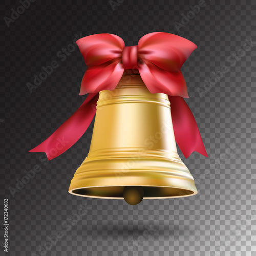 Christmas golden bell with red ribbon and a bow isolated on transparent background. Realistic vector illustration