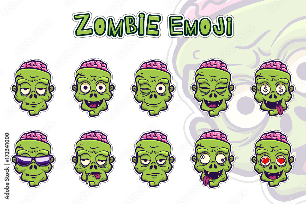 Zombie emoji symbols set. Green zombie cartoon head sticker with different  emotions. Funny spooky halloween character isolated on white. Elements for  your design. Vector illustration. Stock Vector | Adobe Stock