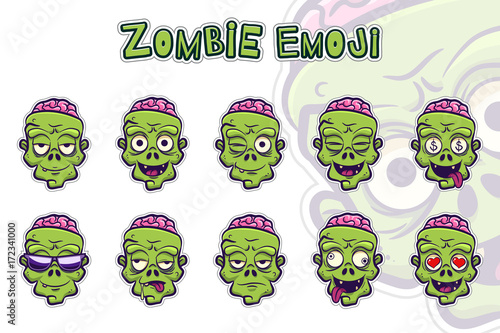 Zombie emoji symbols set. Green zombie cartoon head sticker with different emotions. Funny spooky halloween character isolated on white. Elements for your design. Vector illustration.
