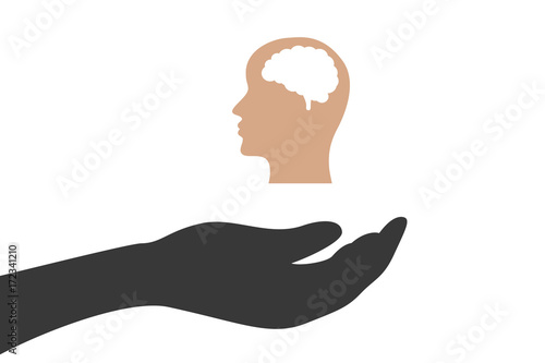 Hand hält Kopf mit Gehrin im Profil