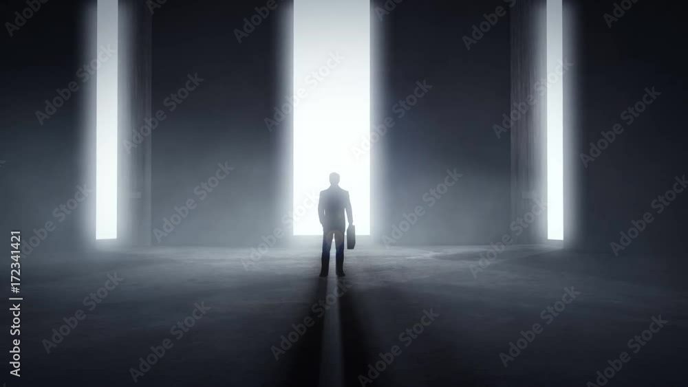 Businessman standing in the front of three opening light tunnel entrances Businessman standing in the front of three opening light tunnel entrances