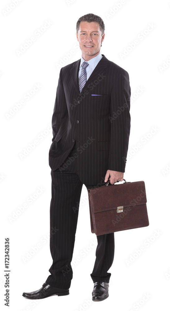 Business man with suitcase isolated on white background Business man with suitcase isolated on white background