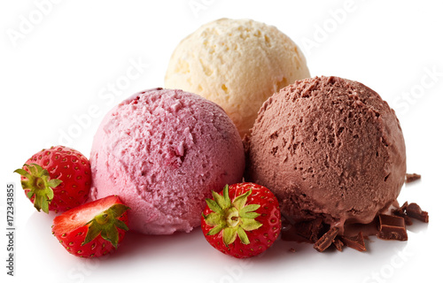 Three various ice cream balls - strawberry, vanilla and chocolate