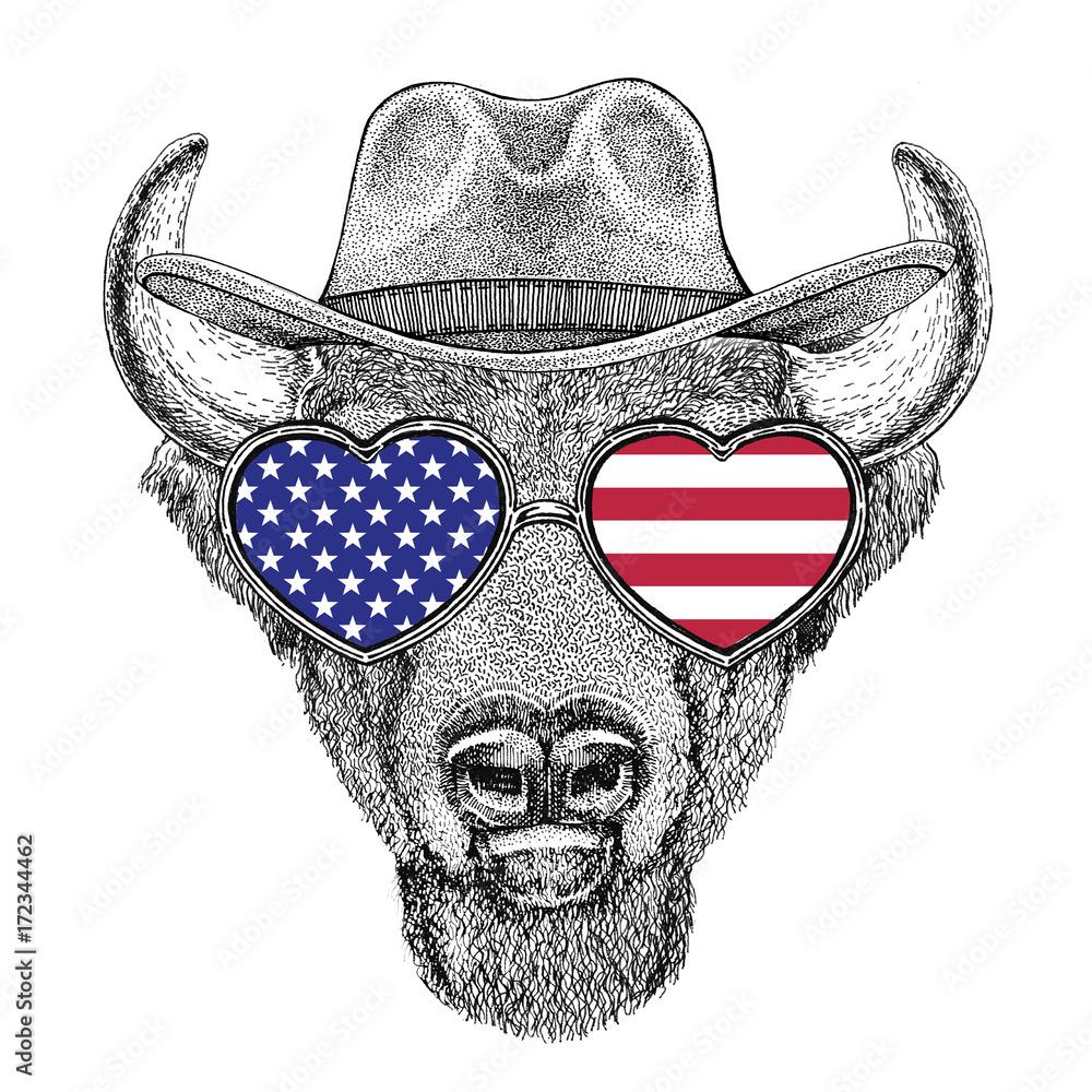 Buffalo, bison,ox, bull Wild animal wearing cowboy hat Wild west animal  Cowboy animal T-shirt, poster, banner, badge design USA flag glasses Stock  Illustration | Adobe Stock