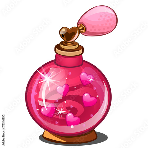 Elixir of love. Magic pink perfume bottle with hearts pheromone, spray vials. Female stuff, beauty product in cartoon style. Vector illustration isolated on white background