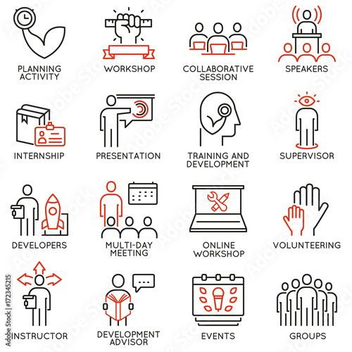Vector set of 16 icons related to career progress, professional consulting service, training and development. Mono line pictograms and infographics design elements - part 1