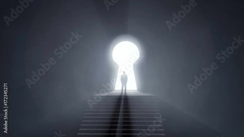 Man standing at a glowing keyhole shape tunnel's entrance on top of stairs,  success concept photo