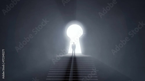 Man standing at a glowing keyhole shape tunnel's entrance on top of stairs,  success concept