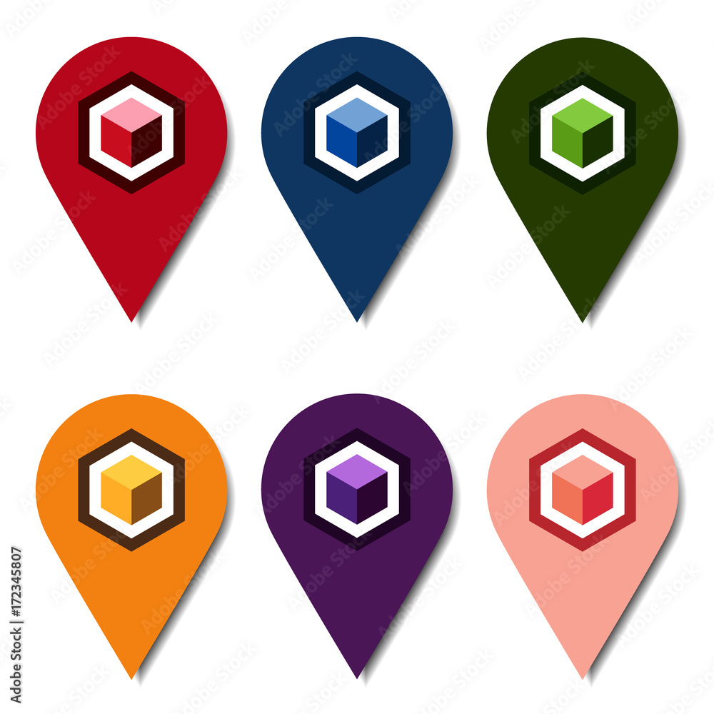 Colorful location pins with geometric cube design isolated on white background. Place signs for game tags, transport points or online package transfer companies.